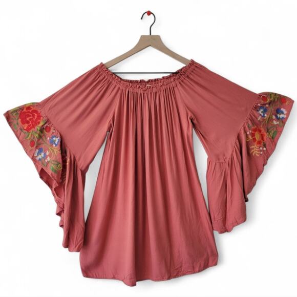 Umgee Floral Embroidered Bell Sleeve Mini Dress Tunic Size Small Orange - Picture 1 of 9